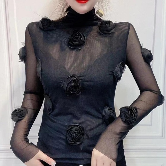 🎉New 24’Spring Summer 3-D Pink Solid Flower Stretch Mesh Turtleneck Top - Picture 8 of 10